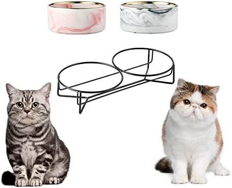 Tigela de gato de cerâmica com suporte, alimentador de animais elevado com 2 tigelas de melamina, alimentos