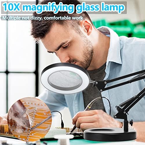 Glass de lupa 10x com luz e suporte, Kirkas 2-em 1 lâmpada de mesa de ampliação de LED de LED de