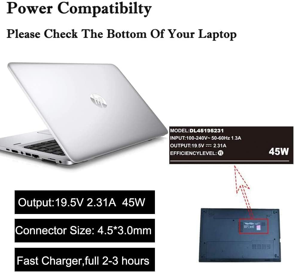 Carregador de laptop HP 45W para HP Stream 11 13 14, HP Pavilion X360, HP EliteBook Folio, HP Spectre