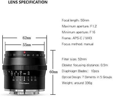 Ttartisan 50mm F1.2 Manual de câmeras APS-C Foco MF Compatível com Canon M Mount M1 M2 M3 M5