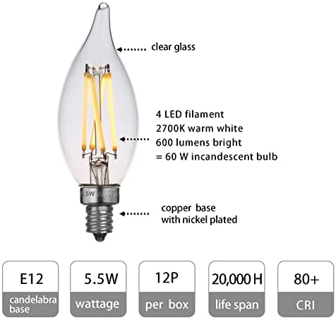 Maindeco CA10/CA11 lustres de lustres LED Bulbos de vela 60w Equivalente, 2700k Warm White Flame Dip Led Filament