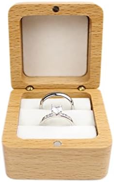 Dshom Caixa de anel de casamento quadrado de madeira rústica, sólida Caixa de anel de veludo branca