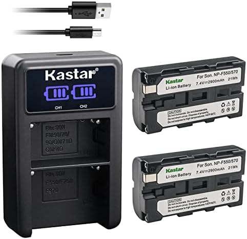 KASTAR 2-PACK NP-F570 BATERIA E LED2 USB COMPATÍVEL COM PLM-100 PLM-50 PLM-A35 PLM-A55 Q002-HDR1 UPX-2000