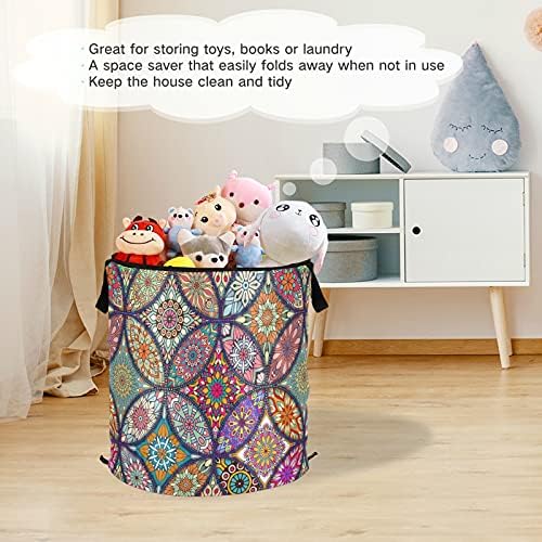 Flores redondas de Mandala Pop up up lavanderia cesto com tampa dobrável cesta de armazenamento saco de roupa dobrável