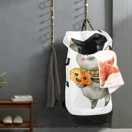 Linda bolsa de lavanderia de gato preto de Halloween com alças de ombro de lavanderia Backpack Saco