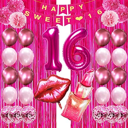 Crenics Pink quente Doce 16 decorações de aniversário para meninas - Feliz doce banner de 16 anos, balões