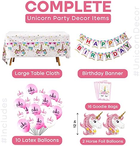 Decorações de aniversário de unicórnio para meninas -Decorações de festas de unicorn serve 16 inclui toalha de