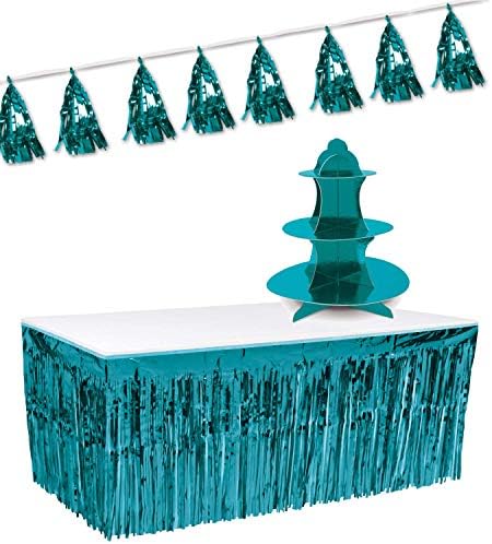 Kit de decorações de festa em azul-petrquesa com rodapé de mesa de margem de turquesa metálica, suporte de