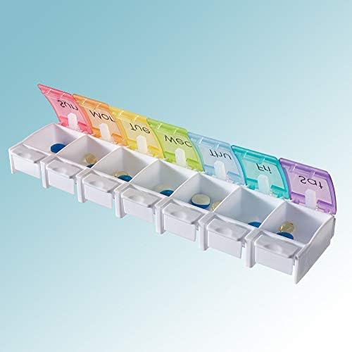 Organizador de pílula de botão de push - lembrete de medicação com codificação de cores de uma semana