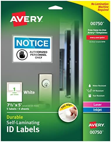 Avery Professional Professional Auto-laminador resistente a rótulos de identificação de água, 5 x 7,5, pacote
