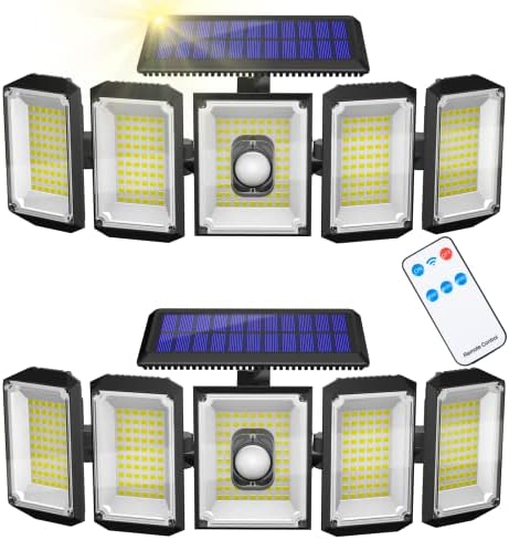 Melonart Solar Lights Outdoor, 7000k 300 Luzes de segurança LED com controle remoto, 5 cabeças 360 ° Luz