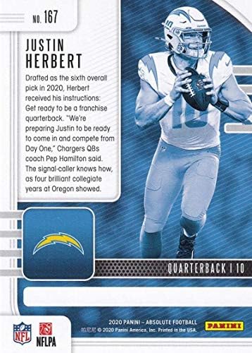 2020 Panini absoluto 167 Justin Herbert RC - Los Angeles Chargers NFL Football Card NM -MT