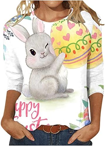 T-shirt de manga feliz 3/4 da Páscoa para mulheres camisetas casuais impressos de moda, camisetas