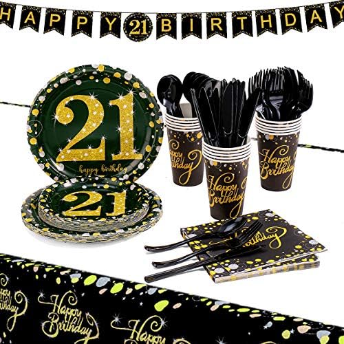 21st Birthday Party Supplies Set-16 Convidados Black-Black e Gold Disposable Tableware Kit, decorações de