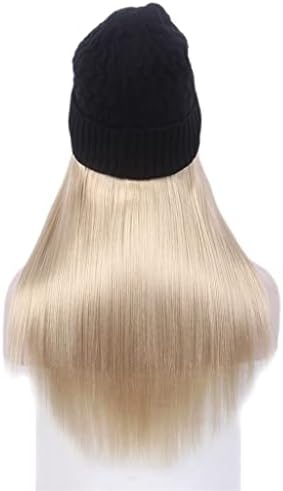 HGVVNM Fashion Europeu e American Ladies Hair Hap uma longa peruca e chapéu loiro e chapéu de malha preta