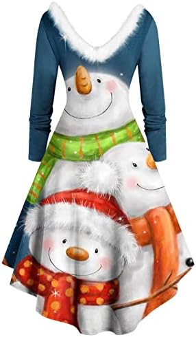 Vestido de pescoço em V para mulheres de Natal, fofo de boneco de neve, vestidos A-line vestidos