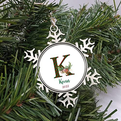 Pewter Snowflake Ornamentos de Natal Carta de listra verde e vermelha Nome personalizado Decorações de Natal