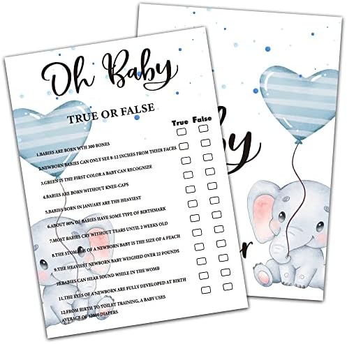 Detiho Baby Shower Games & Activity, Baby True Or False Game, Blue Balloon Elephant, Gênero Revelação Card-E06