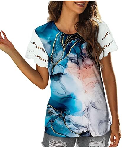 Lounge Tops for Ladies Fall Summer Summer Manga curta Crew pescoço Lace Mármore Peony Floral Bloups Teen Girls