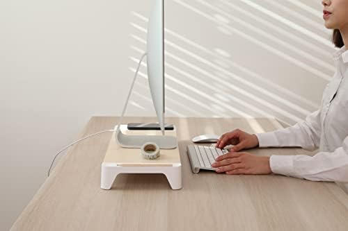 POUT E6 White Wood Desk do Monitor de computador Stand Riser Prateleira + Qi Fast Wireless Charging