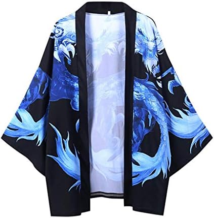 XXBR Japanese Kimono Cardigan para masculino Drapeado frontal de sete mangas ukiyoe dragão impressão leve
