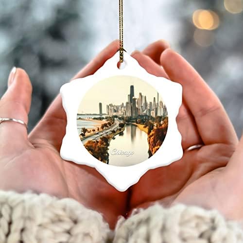 Chicago Hexagon Ornament- USA City Christmas Ornament - Chicago Building Landscape Cerâmica Ornamentos de lembrança