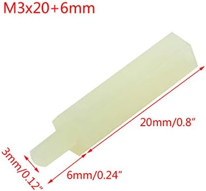 HXCHEN 100PCS M3 x 20mm + 6mm machos a fêmea feminina nylon plástico pilares de staneff staneoff branco
