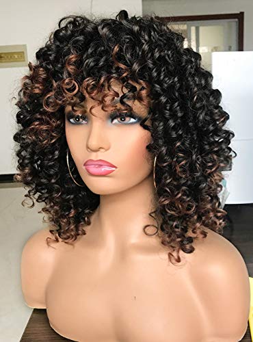 Perucas de Curly Afro Curly mais bonitas com destaques castanhos quentes perucas com franja para mulheres negras