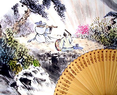 Antique viva pintada à mão pintura dobrável de dois músicos em montanha coreana arroz de amoreira branca