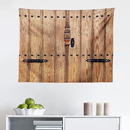 Tapeçaria rústica de Ambesonne, porta de madeira com portão de cadeado em estilo de ferro Espaço
