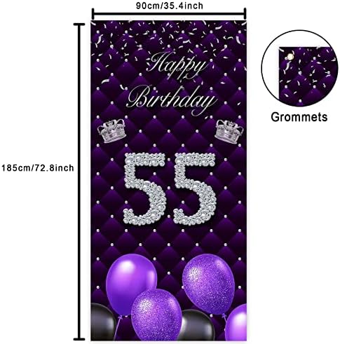 Feliz aniversário de 55 anos Banner roxo Booth Booth Props Balões Decoração de tema da coroa de prata