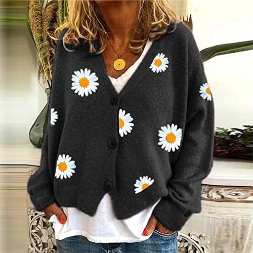 Ladies Brunch Casat com manga comprida casacos suéter Daisy Floral Graphic Relaxed Fit Crochet Knit