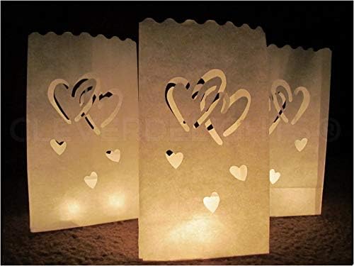 Sacos luminares brancos - CleverDelights - 100 contagem - Design de corações entrelaçados -