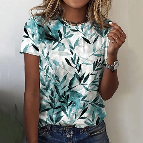 Folhas diárias de verão femininas impressam o Tampo de pescoço Tamas de manga curta Camisas de treino casual camisetas
