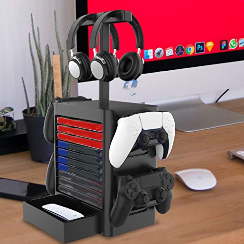 Esenlong Game Storage Tower Multifunction Stand Stand para PS5/Xbox X/Switch Game Disk Headset Controller
