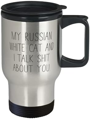 Novo gato branco russo, meu gato branco russo e eu conversamos merda sobre você, caneca de viagem russa