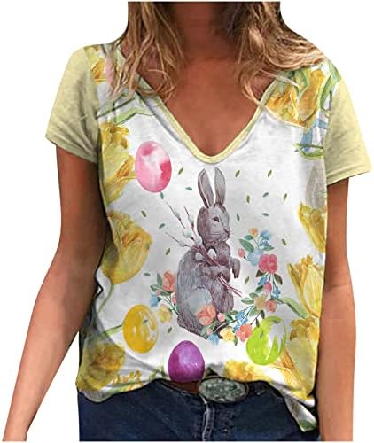 Camisas do dia da Páscoa para mulheres Manga curta V pescoço fofo ovos de coelhinho gráfico Blusa Casual Casual