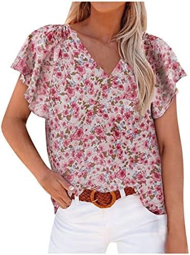 Camisetas de Anoo Boho para Ladies Fall Summer Ruffle Short Sleeve V Neck Spandex Floral Bloups T camisetas