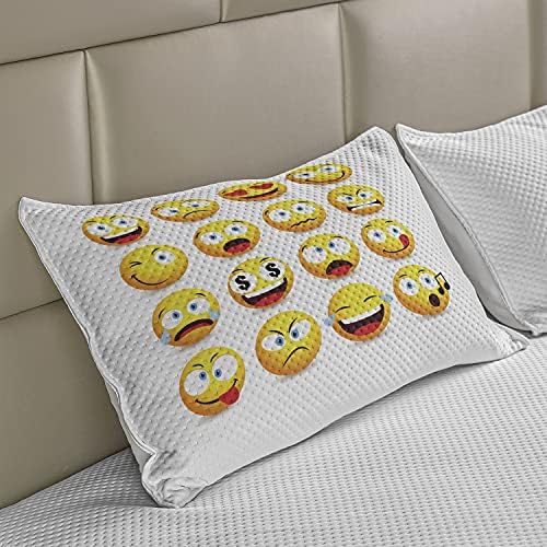 Ambesonne Emoticon malha de colcha de travesseiros, composição de rostos sorridentes com formas