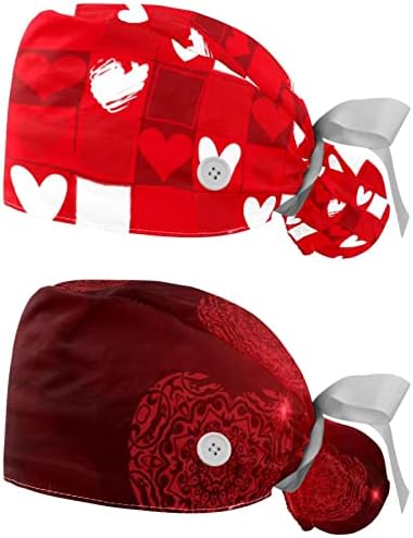 2 compactores Red Heart Nurse Scrub Caps Cabelos longos, Chapéu de crânio ajustável de amarração, Tampa de tampa