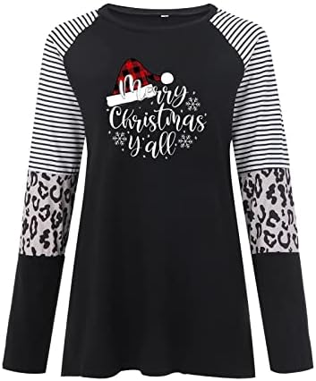 Feliz Natal Feminino Leopardo T-shirt Tops de retalhos de retalhos blocos de túnica de túnica redonda cola de manga