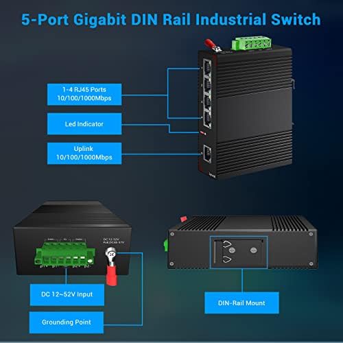 Lynxcel Industrial 5-Port Gigabit Switch não gerenciado Ethernet, capacidade de comutação de 10 Gbps, interruptor