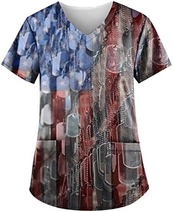 4 de julho Tshirt para mulheres American Flag Summer Summer Sanve Vshirt pescoço com 2 bolsos Bloups Holiday