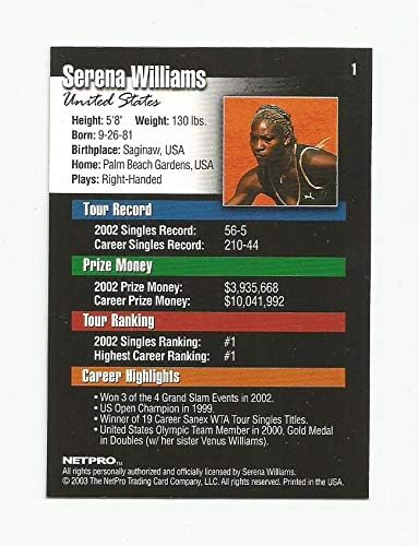 2003 NetPro Tennis Serena Williams 1 Cartão de negociação