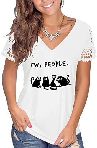 Camisetas nokmopo t para mulheres engraçadas moda casual solto solto em V renda impressa em t-shirt