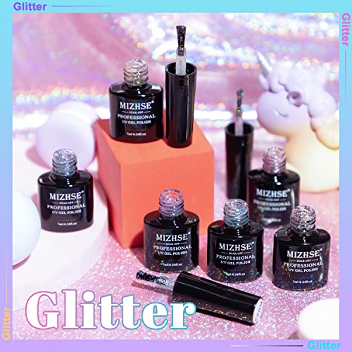 Mizhse Glitter Gel Achanet, 6 cores prata rosa azul brilhante brilhante brilhante glitter gel esmal