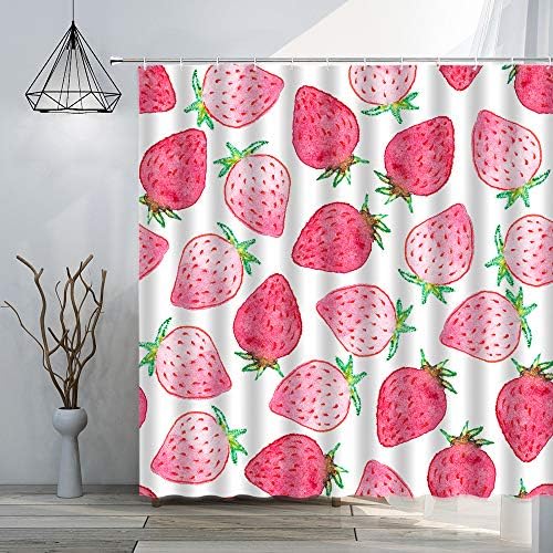 Cortina de chuveiro de morango rosa Frutas fofas de fruas maduras suculentas maduras suculentas, impressão