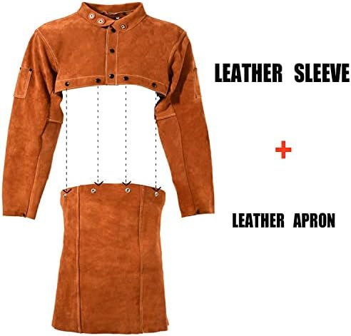 Casa de soldagem de couro Leaseek + capô de solda ， Avental de soldagem pesada com manga, casaco
