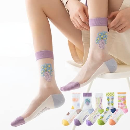 Enynn 3/4/5/7 Pares mulheres meias folhas de verão Floral Summer Transparent Crew Girl Socks Thin