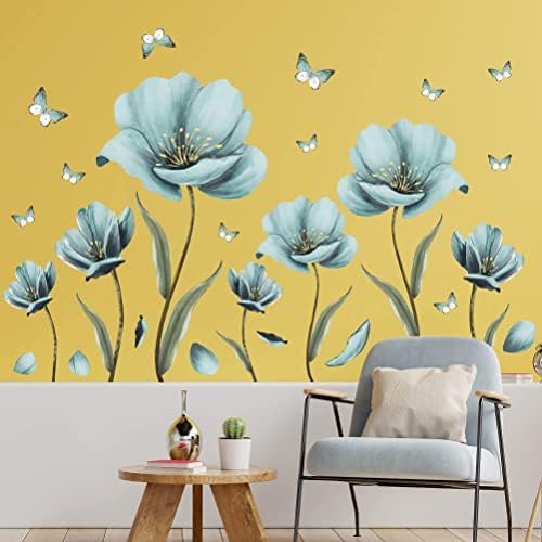 RW-1025 Flores azuis gigantes decalques de parede Decalques de parede Butterfly Floral Wall Starters